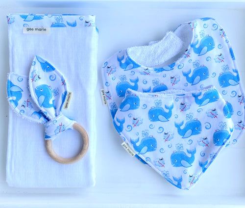 Bib and Teether Set Blue Whales