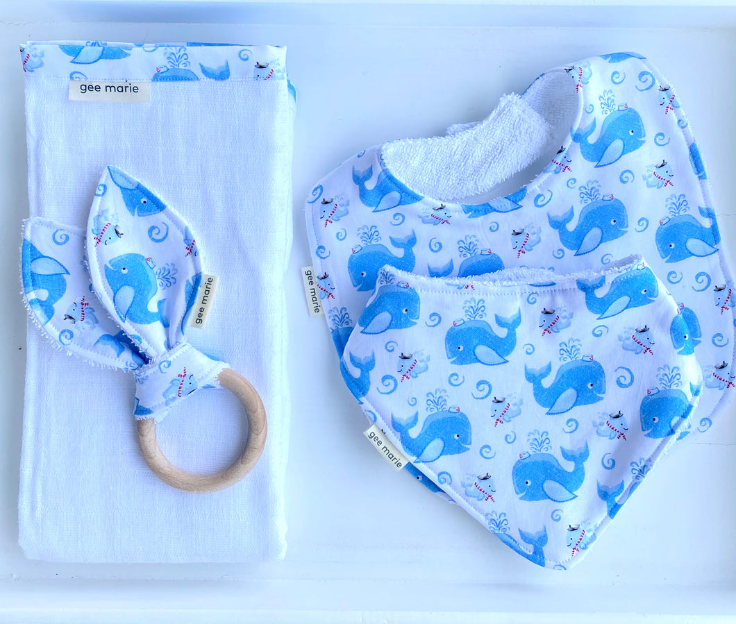 Bib and Teether Set Blue Whales